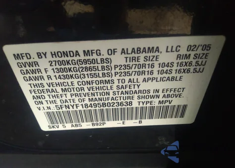 2005 Honda Pilot Ex z USA, uszkodzony, nr VIN 5FNYF18495B023638